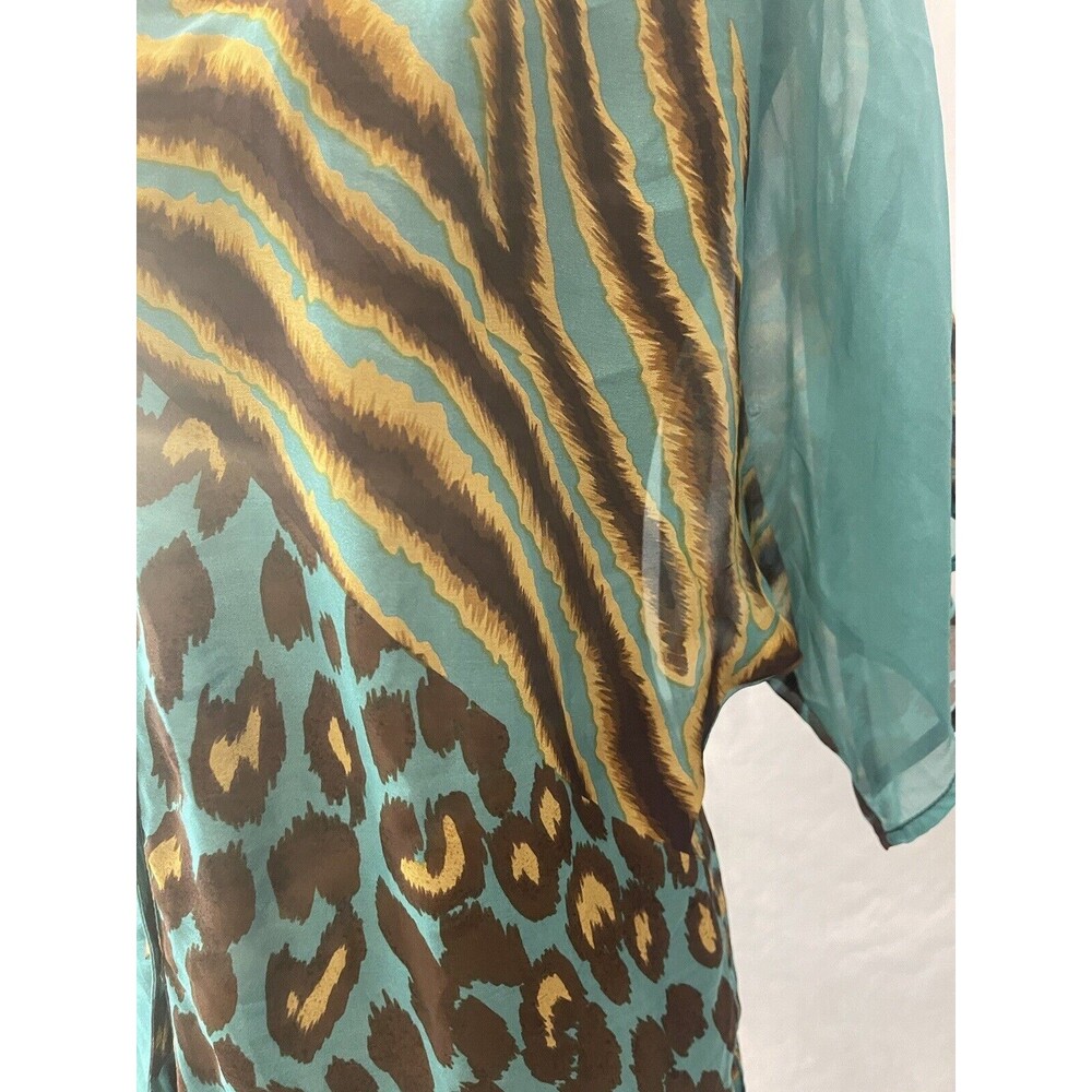 Alberto Makali 100% Silk Blouse Women Teal Animal print Medium Sheer - Picture 3 of 8